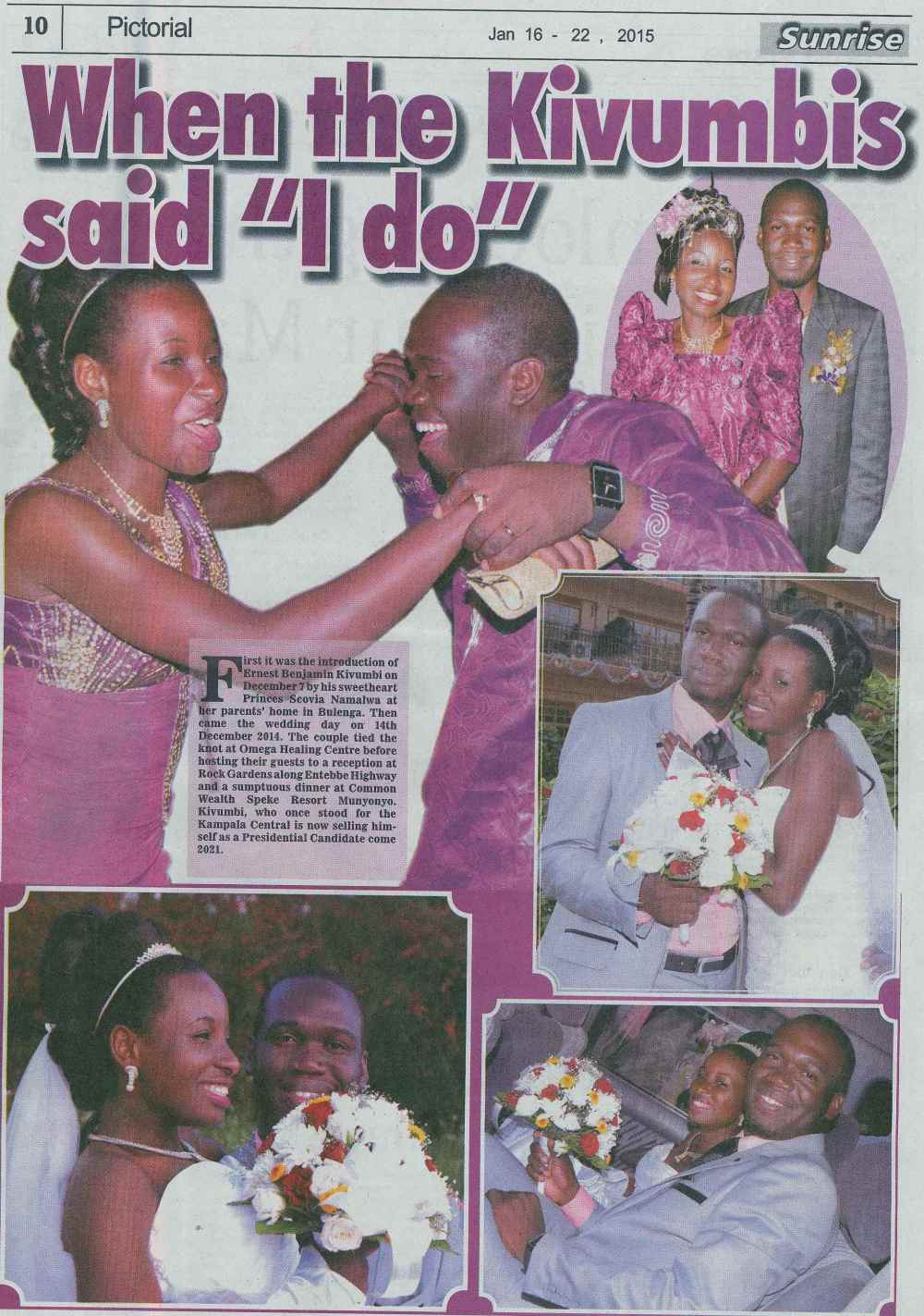 Earnest Benjamin &amp; Princess Scovia Kivumbi Weddig in The Sunrise News Paper
