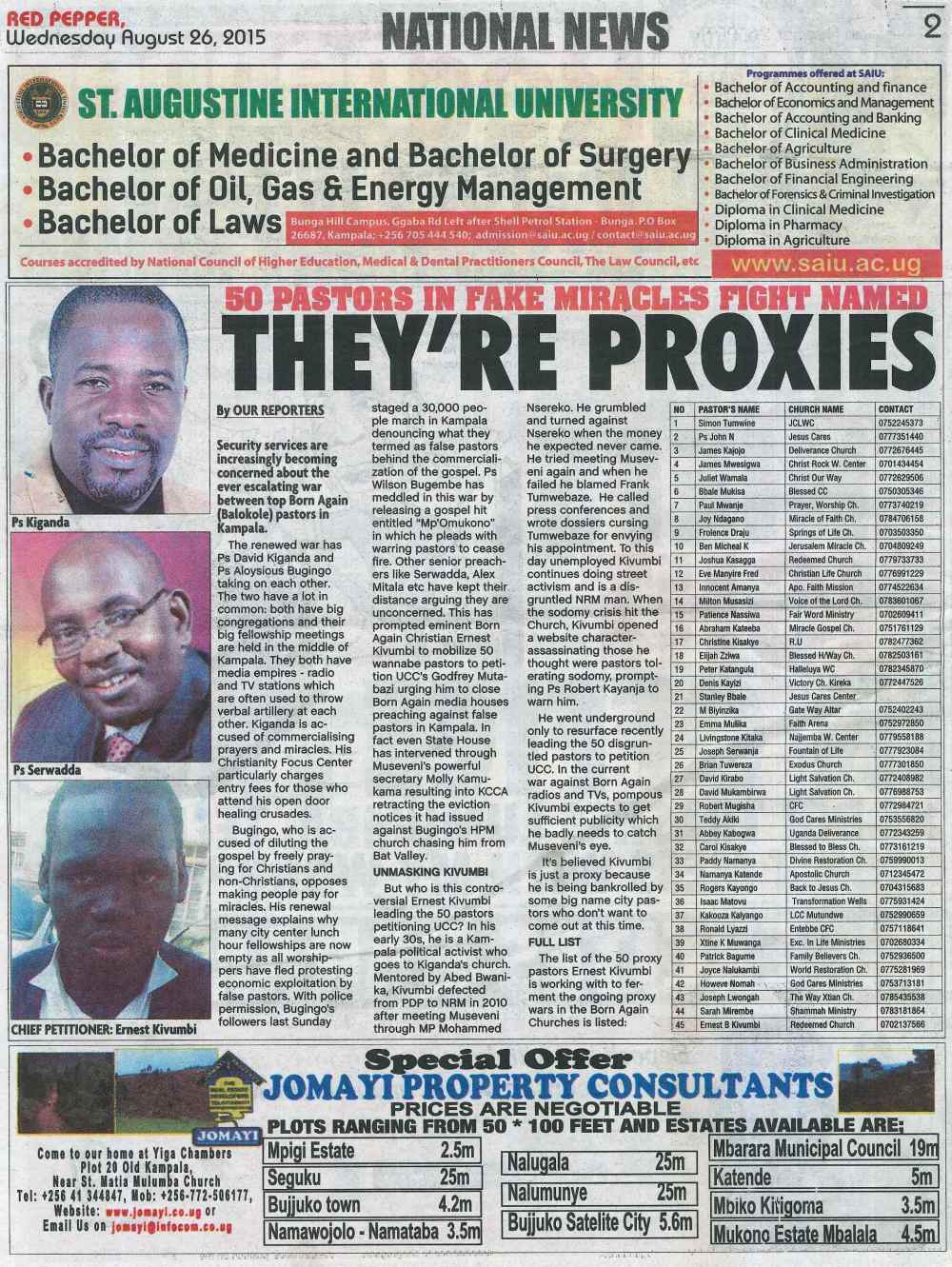 Red Pepper Publication on Kivumbi & Pastors Petition Agaisnt  Bugingo Aloysius